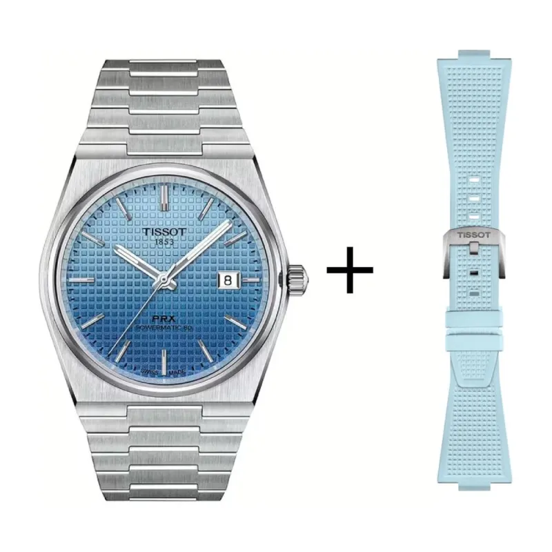 Tissot PRX Gradient Herrenuhr T137.407.11.351.01 Set mit hellblauem Kautschukband
